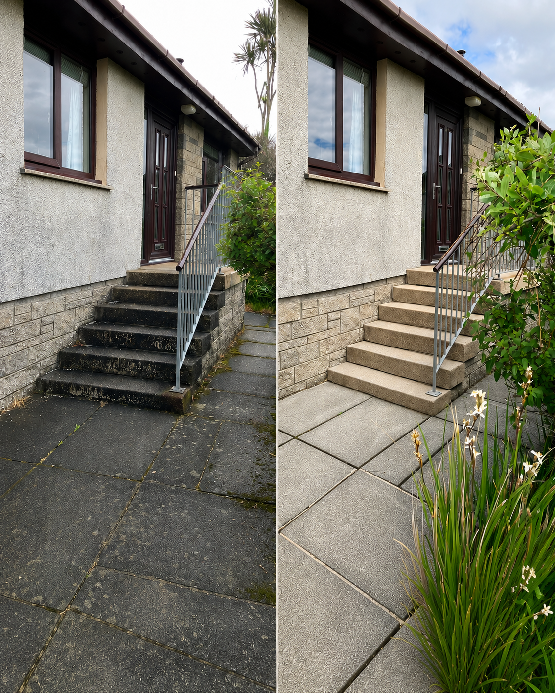 Front steps and path before and after a reset